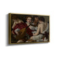 Angled view of The Musicians, c. 1595 by Caravaggio in a gold floater framed canvas.