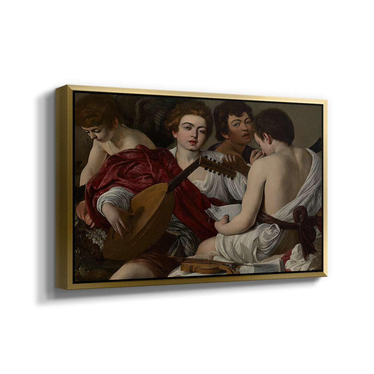 Angled view of The Musicians, c. 1595 by Caravaggio in a gold floater framed canvas.