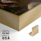 Close-up of the gold floater frame corner and gallery wrapped canvas construction.