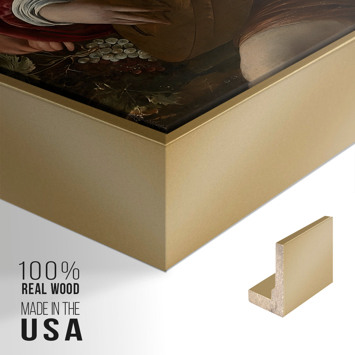 Close-up of the gold floater frame corner and gallery wrapped canvas construction.