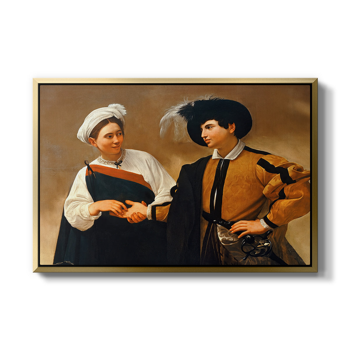 The Fortune Teller (Capitoline Version), c. 1599 by Caravaggio in a gold floater framed canvas wall art display.