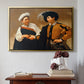 Gold floater framed canvas featuring The Fortune Teller (Capitoline Version), c. 1599 by Caravaggio above an entryway table in a minimalist foyer.