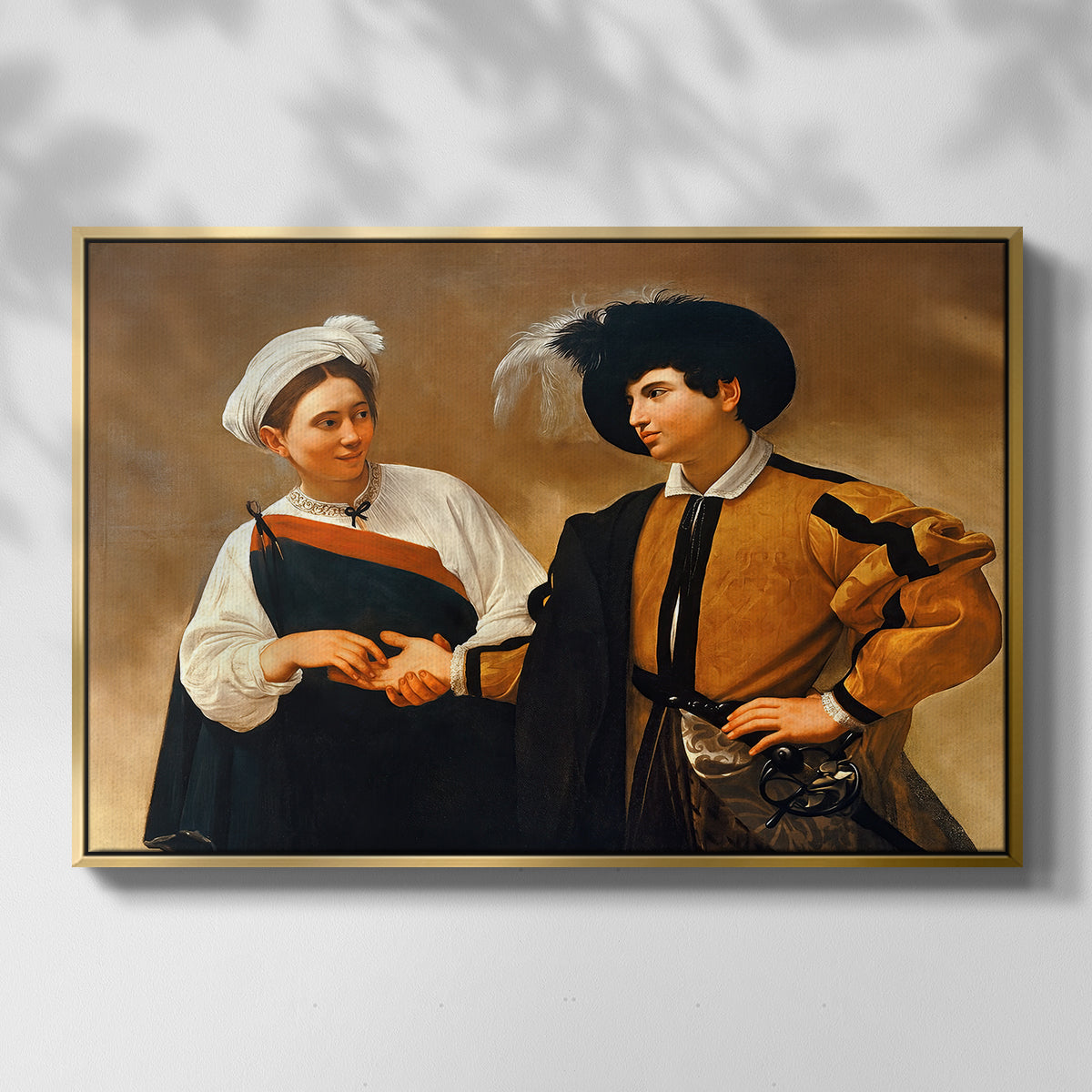 Front view of The Fortune Teller (Capitoline Version), c. 1599 by Caravaggio in a gold floater framed canvas.