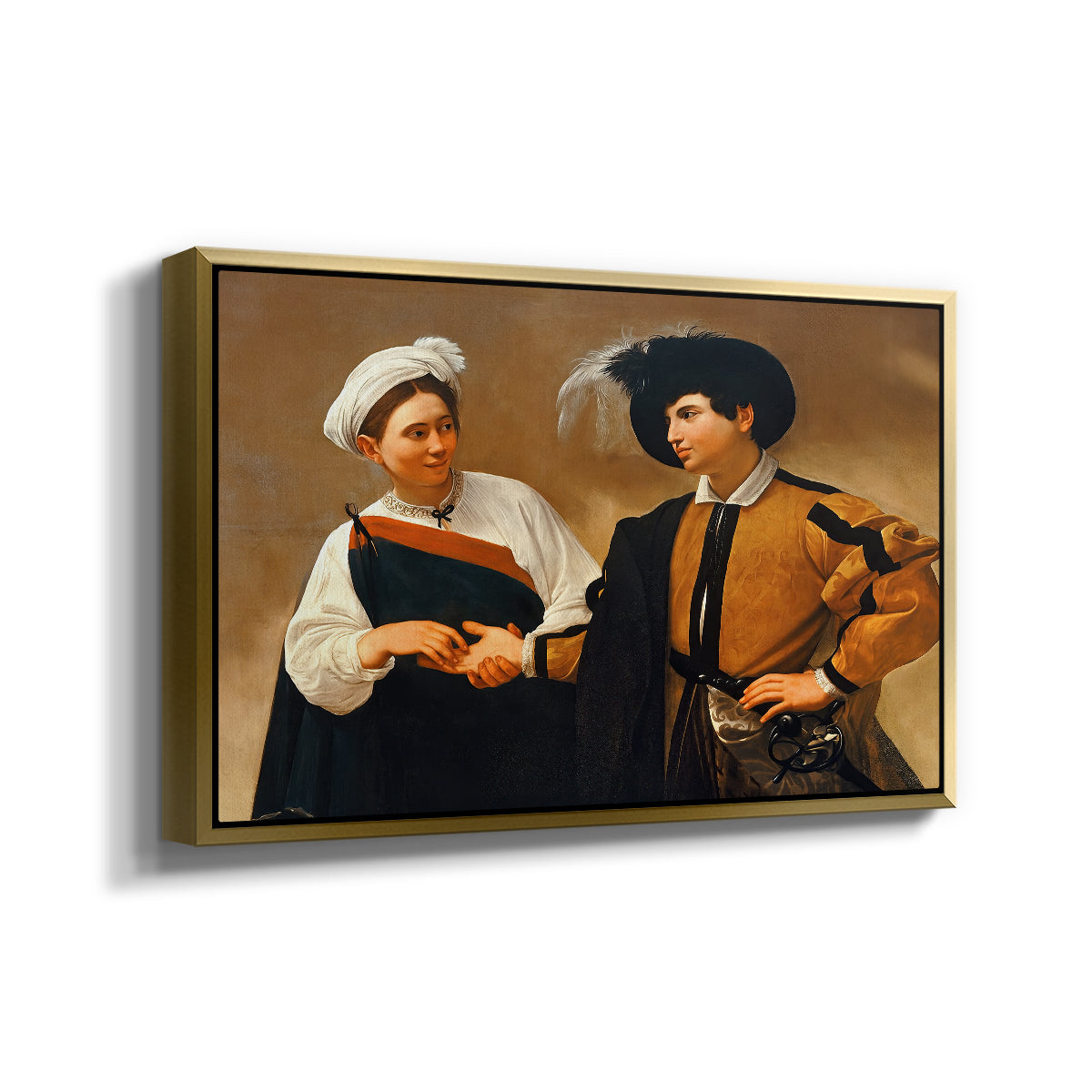 Angled view of The Fortune Teller (Capitoline Version), c. 1599 by Caravaggio in a gold floater framed canvas.