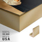 Close-up of the gold floater frame corner and gallery wrapped canvas construction.
