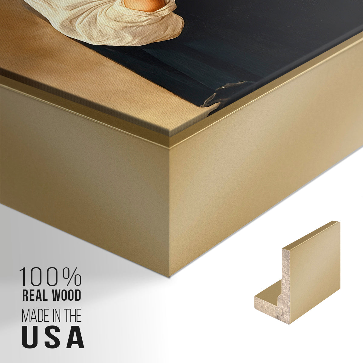 Close-up of the gold floater frame corner and gallery wrapped canvas construction.