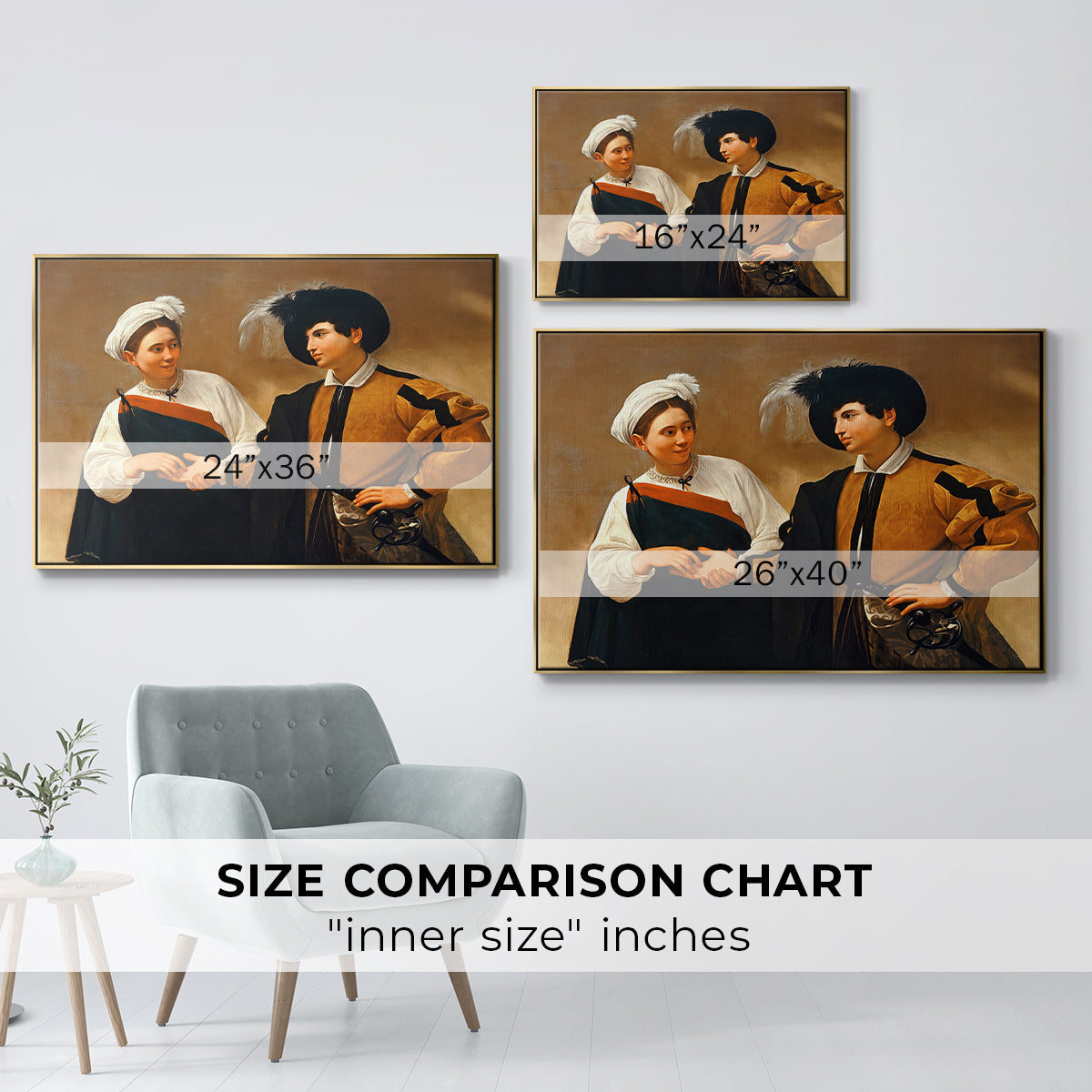Size comparison chart for gold floater framed canvas featuring The Fortune Teller (Capitoline Version), c. 1599 by Caravaggio.