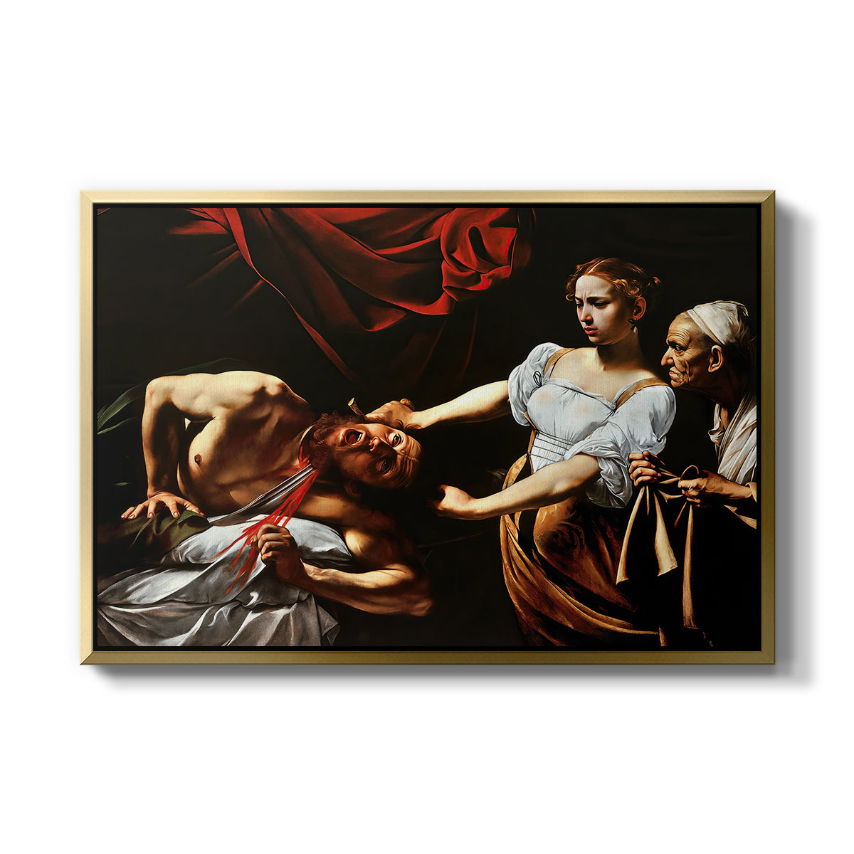Judith Beheading Holofernes, c. 1599 by Caravaggio in a gold floater framed canvas wall art display.