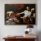 Gold floater framed canvas featuring Judith Beheading Holofernes, c. 1599 by Caravaggio above an entryway table in a minimalist foyer.