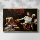 Front view of Judith Beheading Holofernes, c. 1599 by Caravaggio in a gold floater framed canvas.