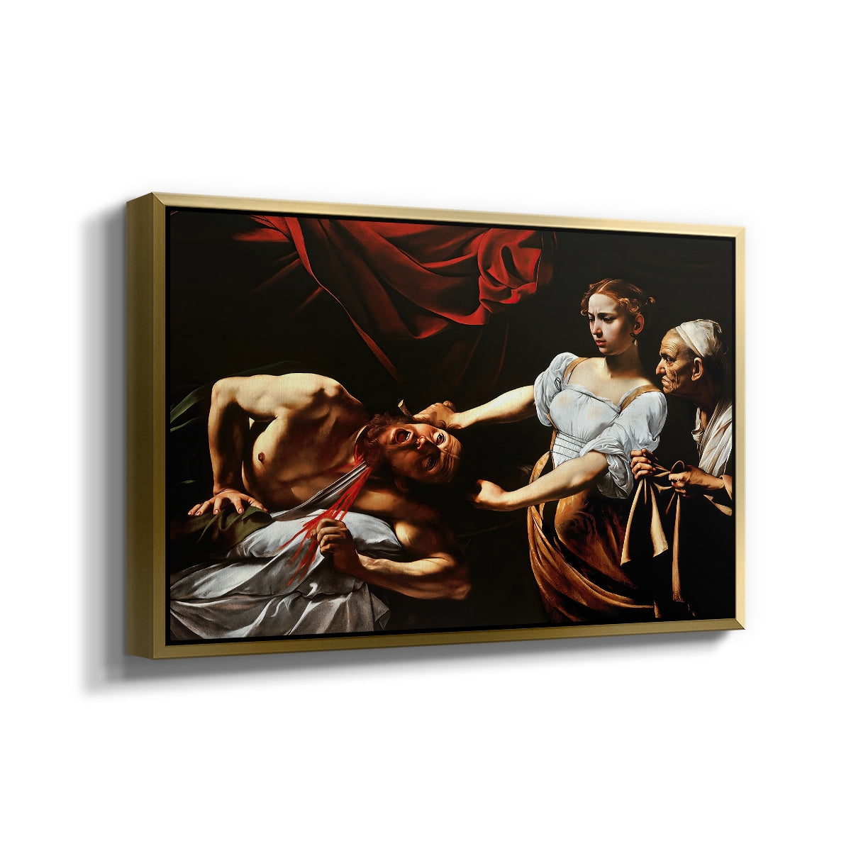Angled view of Judith Beheading Holofernes, c. 1599 by Caravaggio in a gold floater framed canvas.