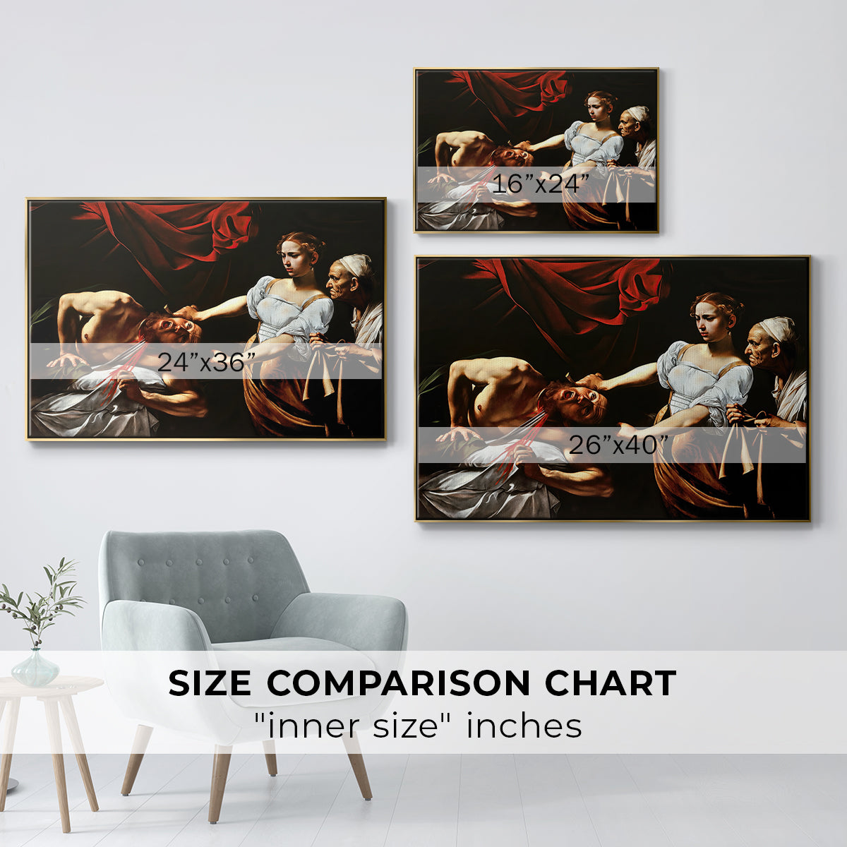 Size comparison chart for gold floater framed canvas featuring Judith Beheading Holofernes, c. 1599 by Caravaggio.