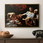 Judith Beheading Holofernes, c. 1599 by Caravaggio in a gold floater framed canvas displayed above a console table in a hallway, featuring a violent religious narrative with strong contrast of light and shadow.