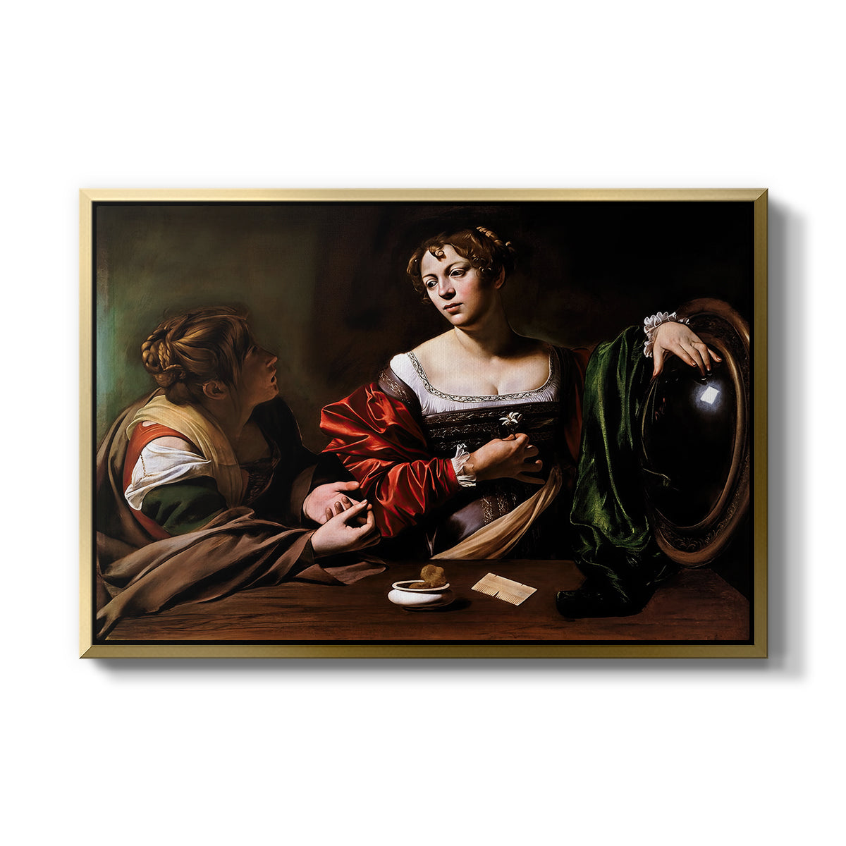 Martha and Mary Magdalene, c. 1598 by Caravaggio in a gold floater framed canvas wall art display.