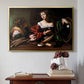 Gold floater framed canvas featuring Martha and Mary Magdalene, c. 1598 by Caravaggio above an entryway table in a minimalist foyer.