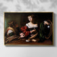 Front view of Martha and Mary Magdalene, c. 1598 by Caravaggio in a gold floater framed canvas.
