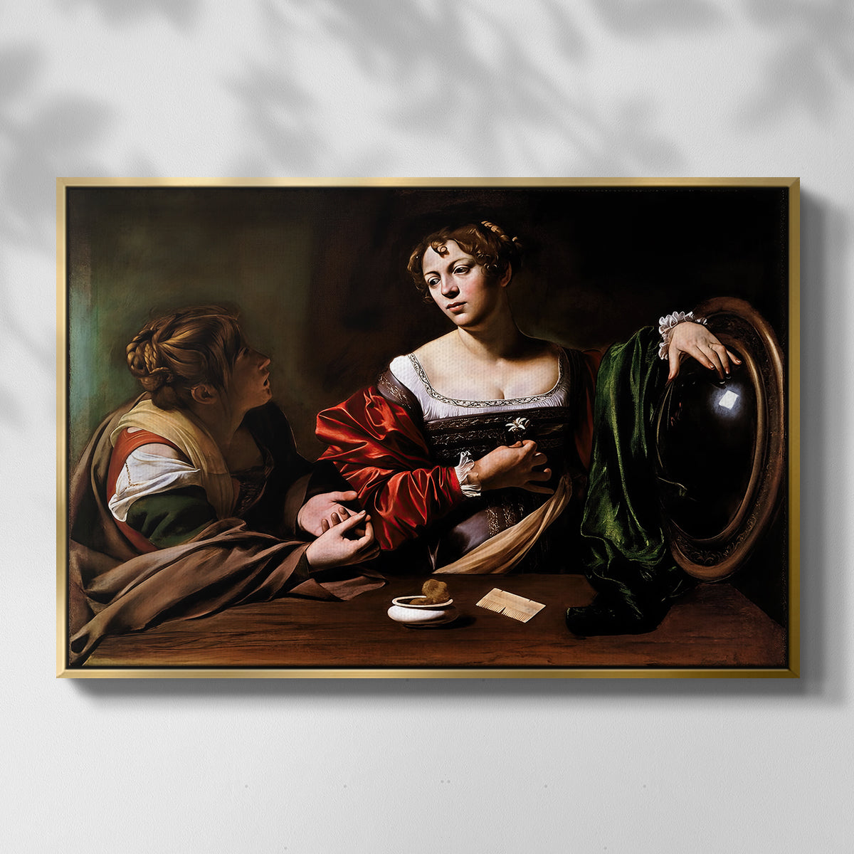 Front view of Martha and Mary Magdalene, c. 1598 by Caravaggio in a gold floater framed canvas.