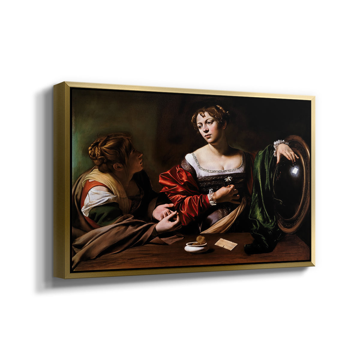 Angled view of Martha and Mary Magdalene, c. 1598 by Caravaggio in a gold floater framed canvas.