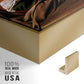 Close-up of the gold floater frame corner and gallery wrapped canvas construction.