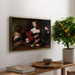 Martha and Mary Magdalene, c. 1598 by Caravaggio, presented in a gold floater framed canvas featuring a two women seated together in conversation with symbolic objects on table, displayed above a hallway console table.