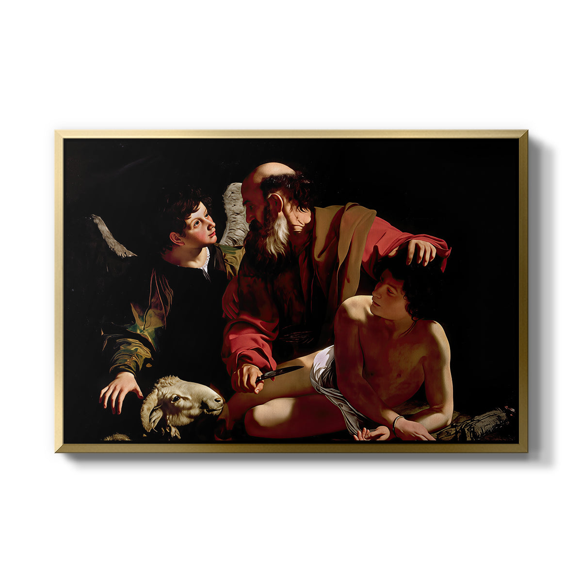 The Sacrifice of Isaac (Uffizi Version), c. 1603 by Caravaggio in a gold floater framed canvas wall art display.