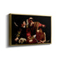 Angled view of The Sacrifice of Isaac (Uffizi Version), c. 1603 by Caravaggio in a gold floater framed canvas.
