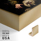 Close-up of the gold floater frame corner and gallery wrapped canvas construction.