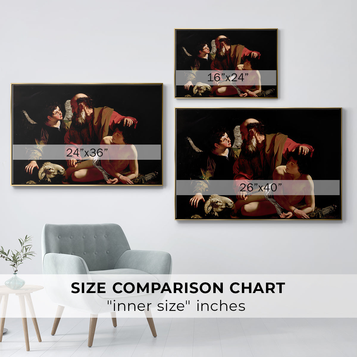 Size comparison chart for gold floater framed canvas featuring The Sacrifice of Isaac (Uffizi Version), c. 1603 by Caravaggio.