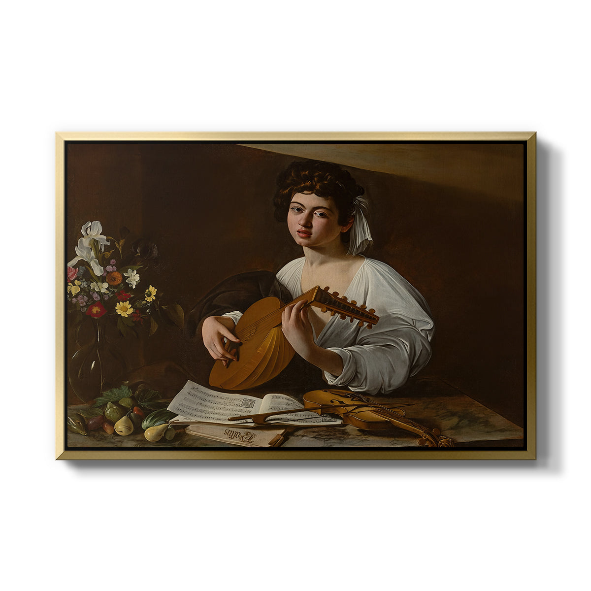 The Lute Player (Hermitage Version), c. 1596 by Caravaggio in a gold floater framed canvas wall art display.