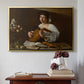 Gold floater framed canvas featuring The Lute Player (Hermitage Version), c. 1596 by Caravaggio above an entryway table in a minimalist foyer.