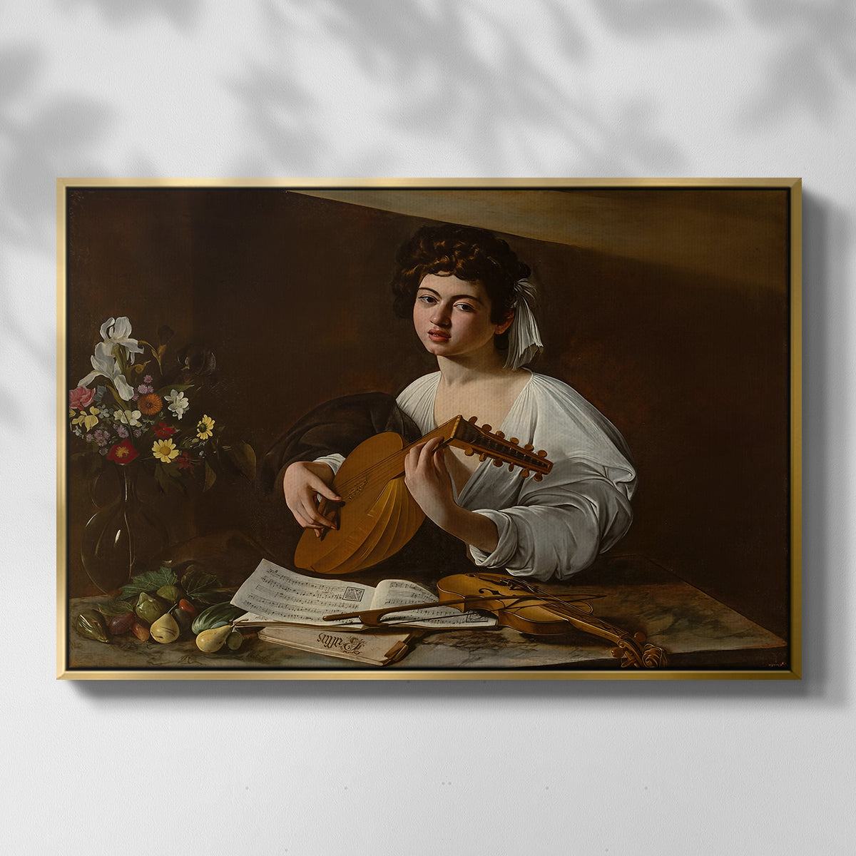 Front view of The Lute Player (Hermitage Version), c. 1596 by Caravaggio in a gold floater framed canvas.