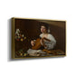 Angled view of The Lute Player (Hermitage Version), c. 1596 by Caravaggio in a gold floater framed canvas.
