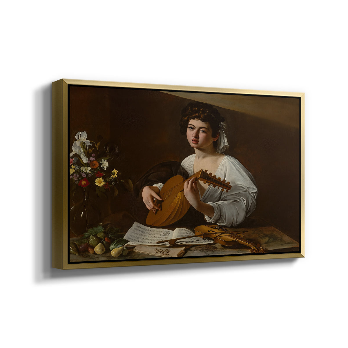 Angled view of The Lute Player (Hermitage Version), c. 1596 by Caravaggio in a gold floater framed canvas.