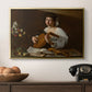 The Lute Player (Hermitage Version), c. 1596 by Caravaggio in a gold floater framed canvas displayed above a console table in a hallway, featuring a Baroque depiction of musician with detailed textures and lighting.