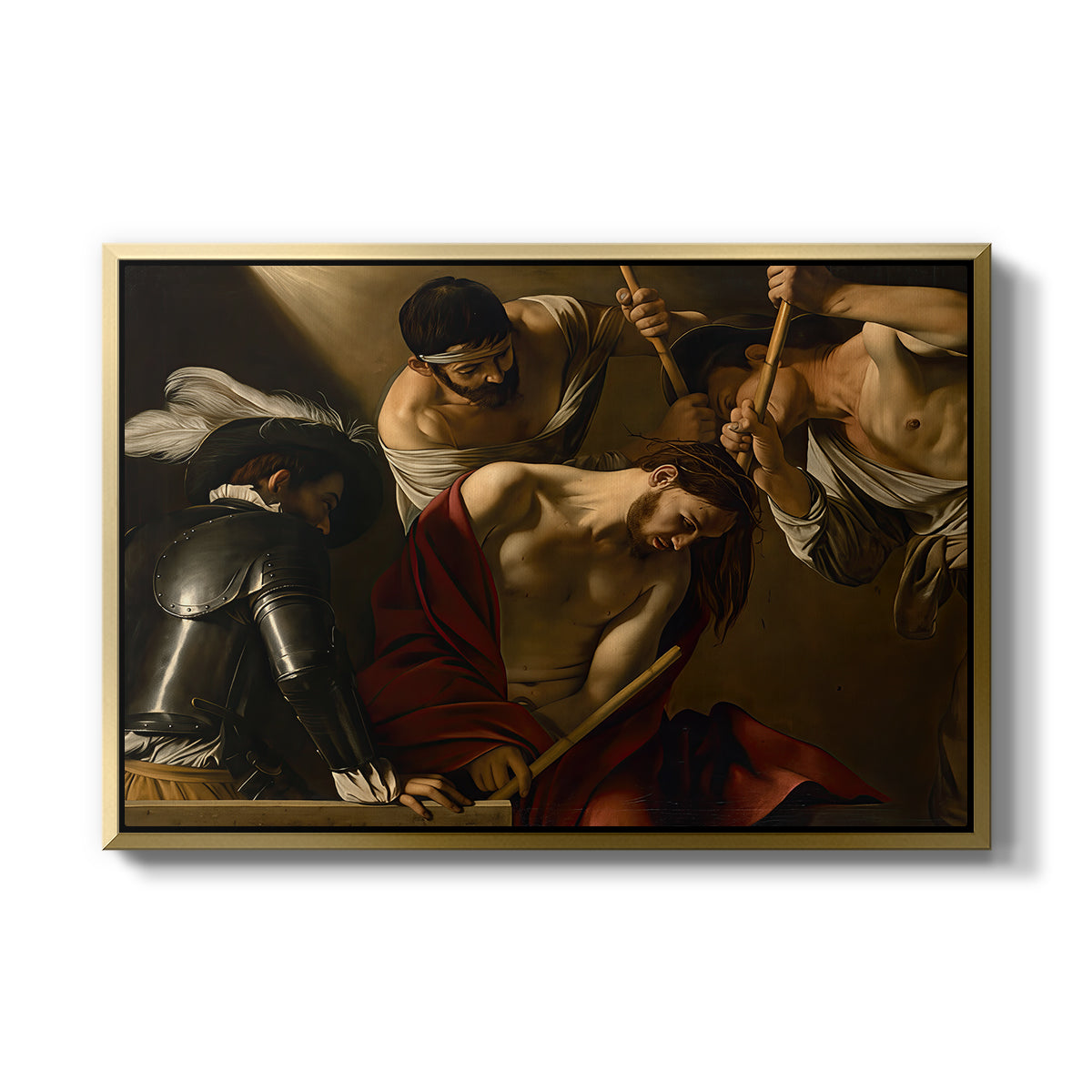 The Crowning with Thorns (Vienna Version), c. 1602-1604 by Caravaggio in a gold floater framed canvas wall art display.
