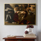 Gold floater framed canvas featuring The Crowning with Thorns (Vienna Version), c. 1602-1604 by Caravaggio above an entryway table in a minimalist foyer.