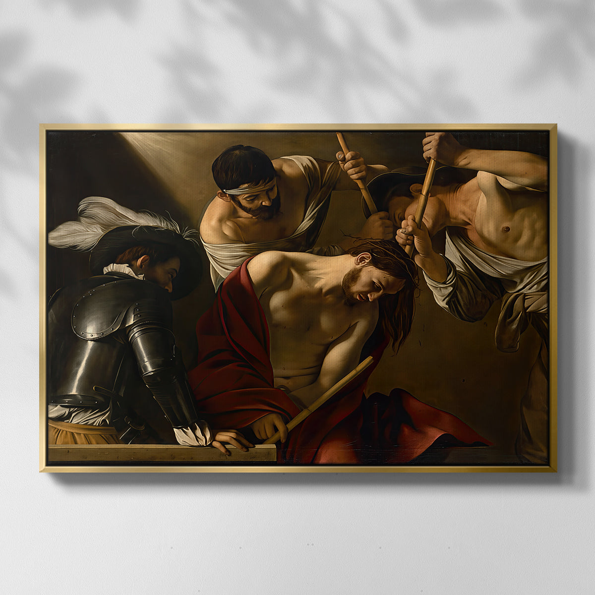 Front view of The Crowning with Thorns (Vienna Version), c. 1602-1604 by Caravaggio in a gold floater framed canvas.