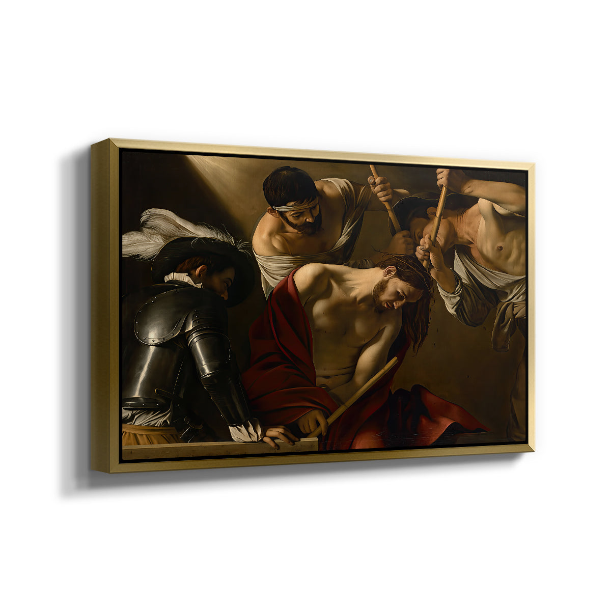Angled view of The Crowning with Thorns (Vienna Version), c. 1602-1604 by Caravaggio in a gold floater framed canvas.