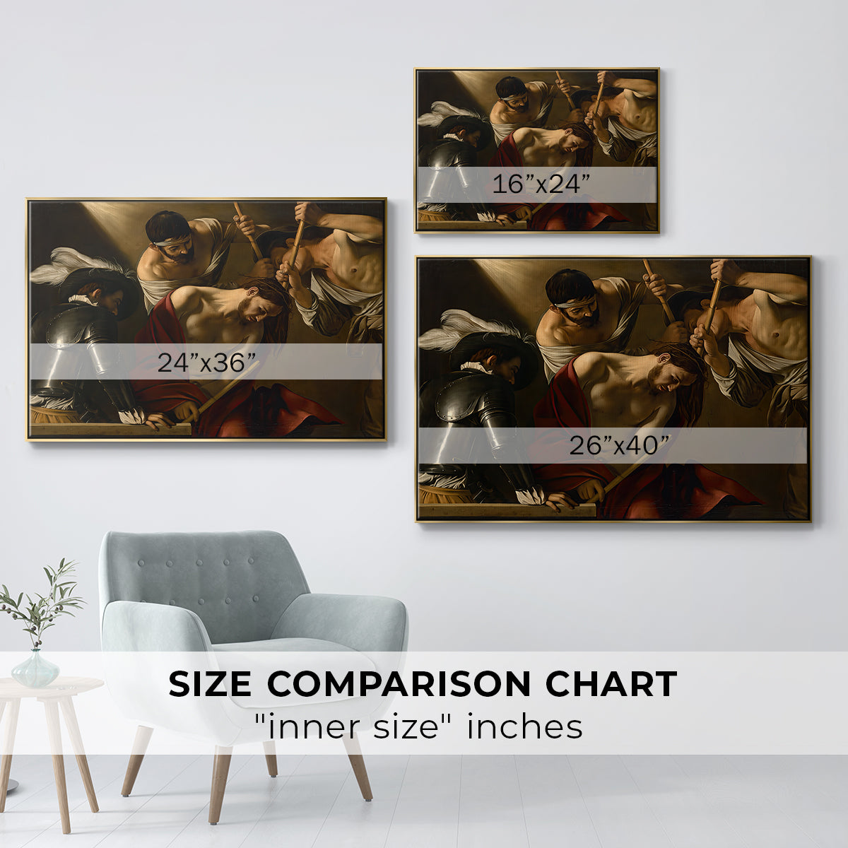 Size comparison chart for gold floater framed canvas featuring The Crowning with Thorns (Vienna Version), c. 1602-1604 by Caravaggio.