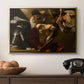 The Crowning with Thorns (Vienna Version), c. 1602-1604 by Caravaggio in a gold floater framed canvas displayed above a console table in a hallway, featuring an intense religious composition with strong shadow and physical struggle.