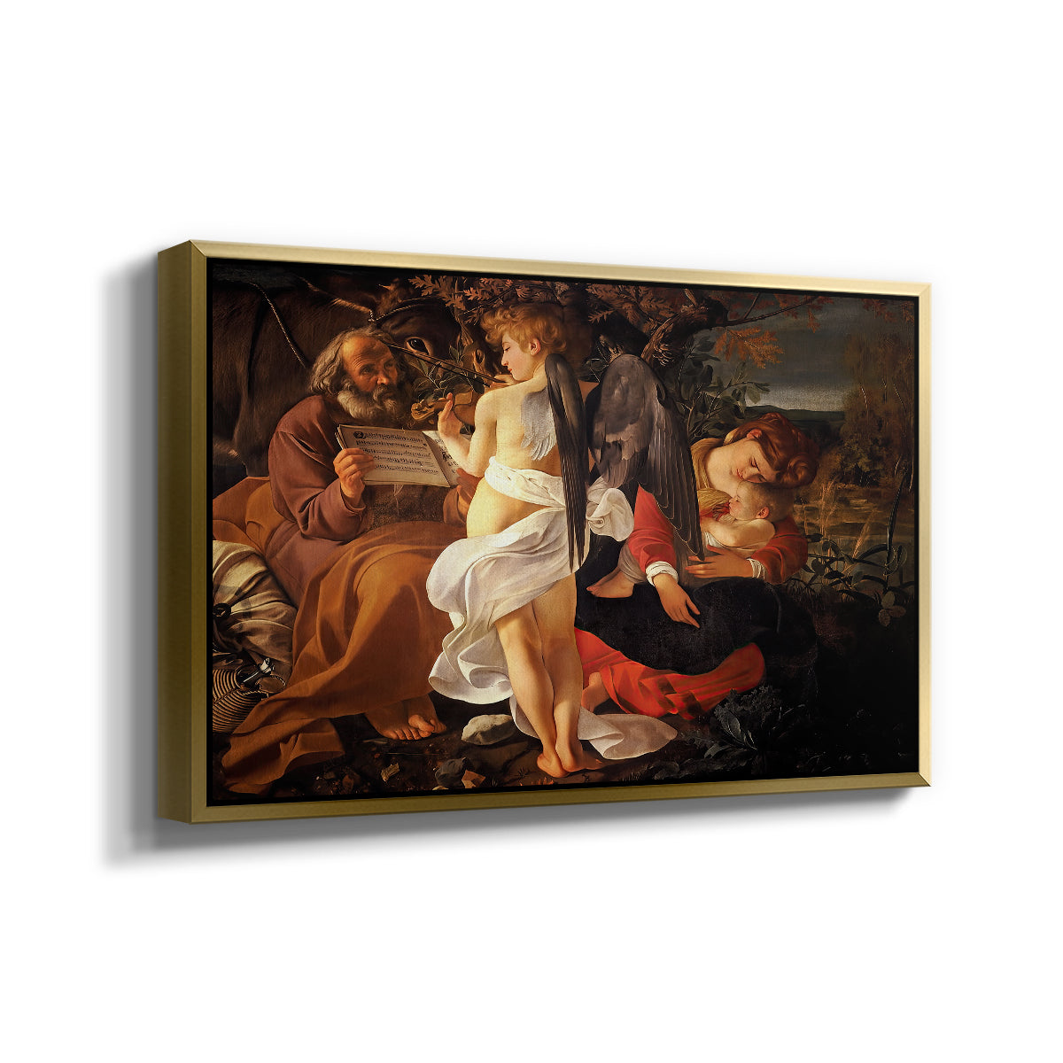 Angled view of Rest on the Flight into Egypt, c. 1597 by Caravaggio in a gold floater framed canvas.
