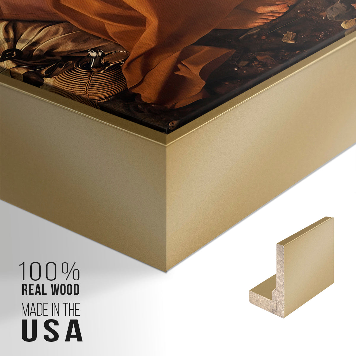 Close-up of the gold floater frame corner and gallery wrapped canvas construction.