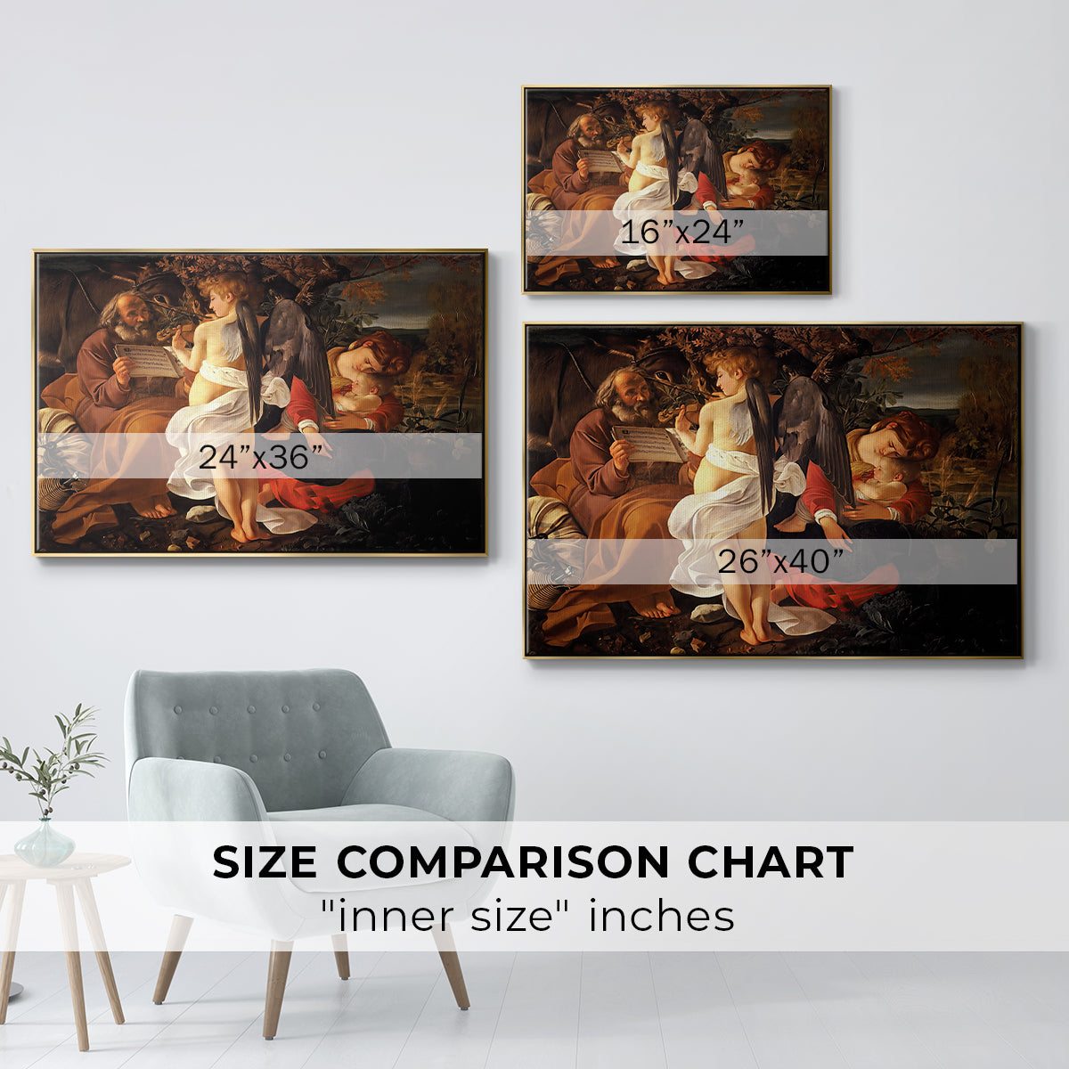 Size comparison chart for gold floater framed canvas featuring Rest on the Flight into Egypt, c. 1597 by Caravaggio.