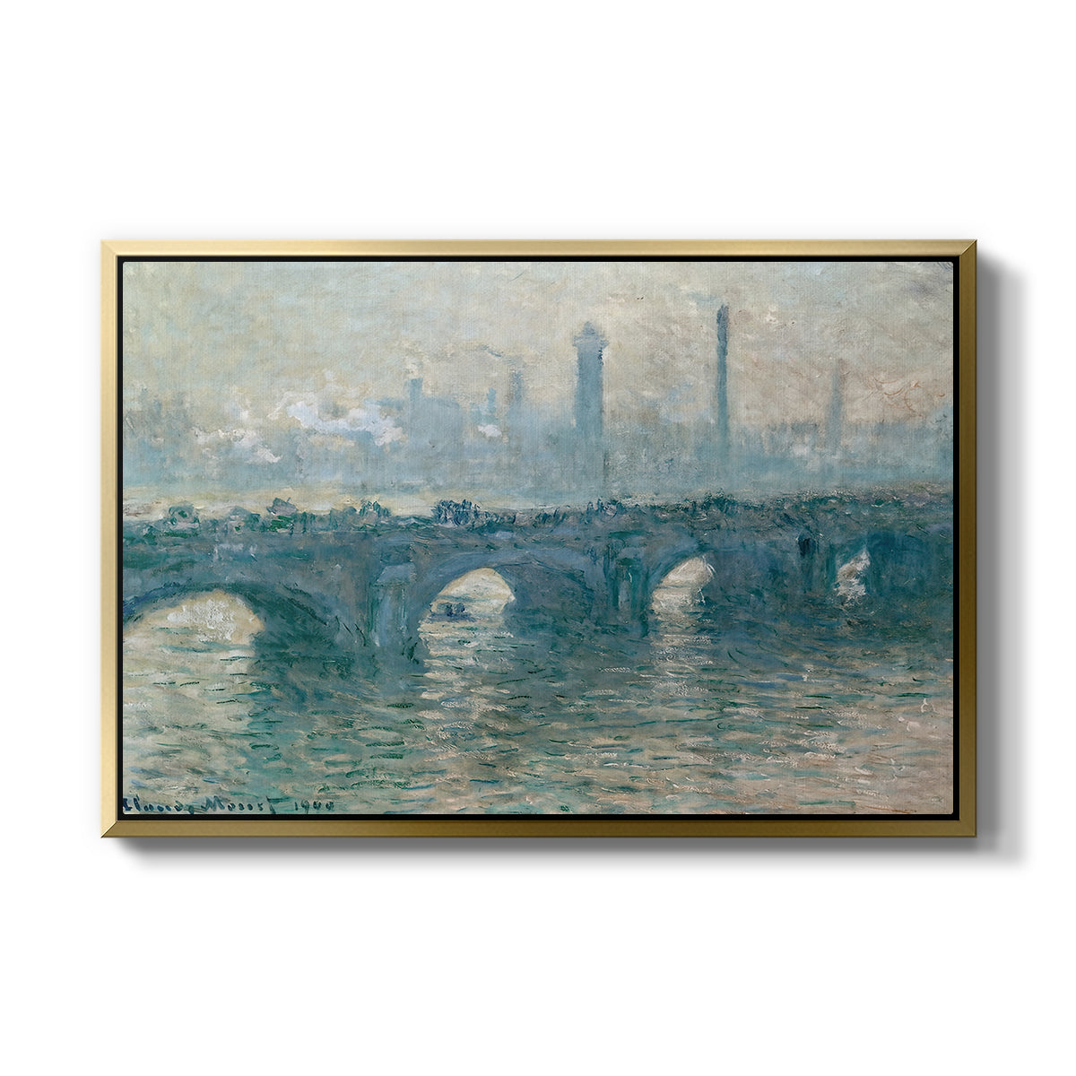 Waterloo Bridge, Gray Weather, 1900 by Claude Monet in a gold floater framed canvas wall art display.