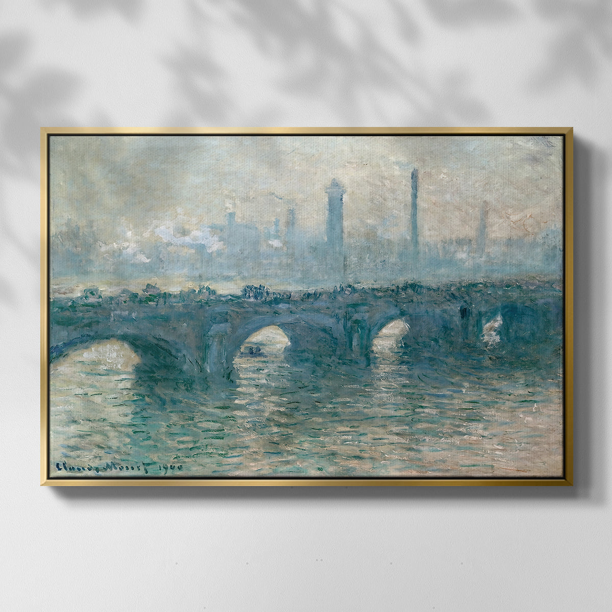 Front view of Waterloo Bridge, Gray Weather, 1900 by Claude Monet in a gold floater framed canvas.