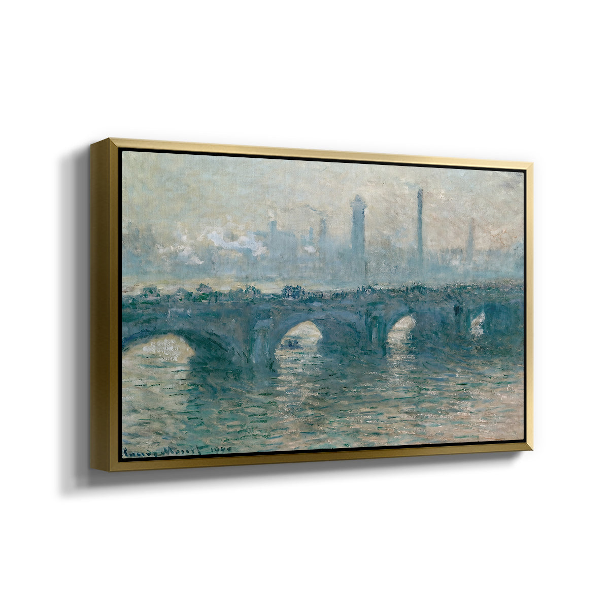 Angled view of Waterloo Bridge, Gray Weather, 1900 by Claude Monet in a gold floater framed canvas.