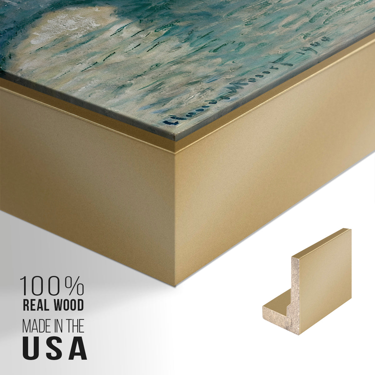 Close-up of the gold floater frame corner and gallery wrapped canvas construction.