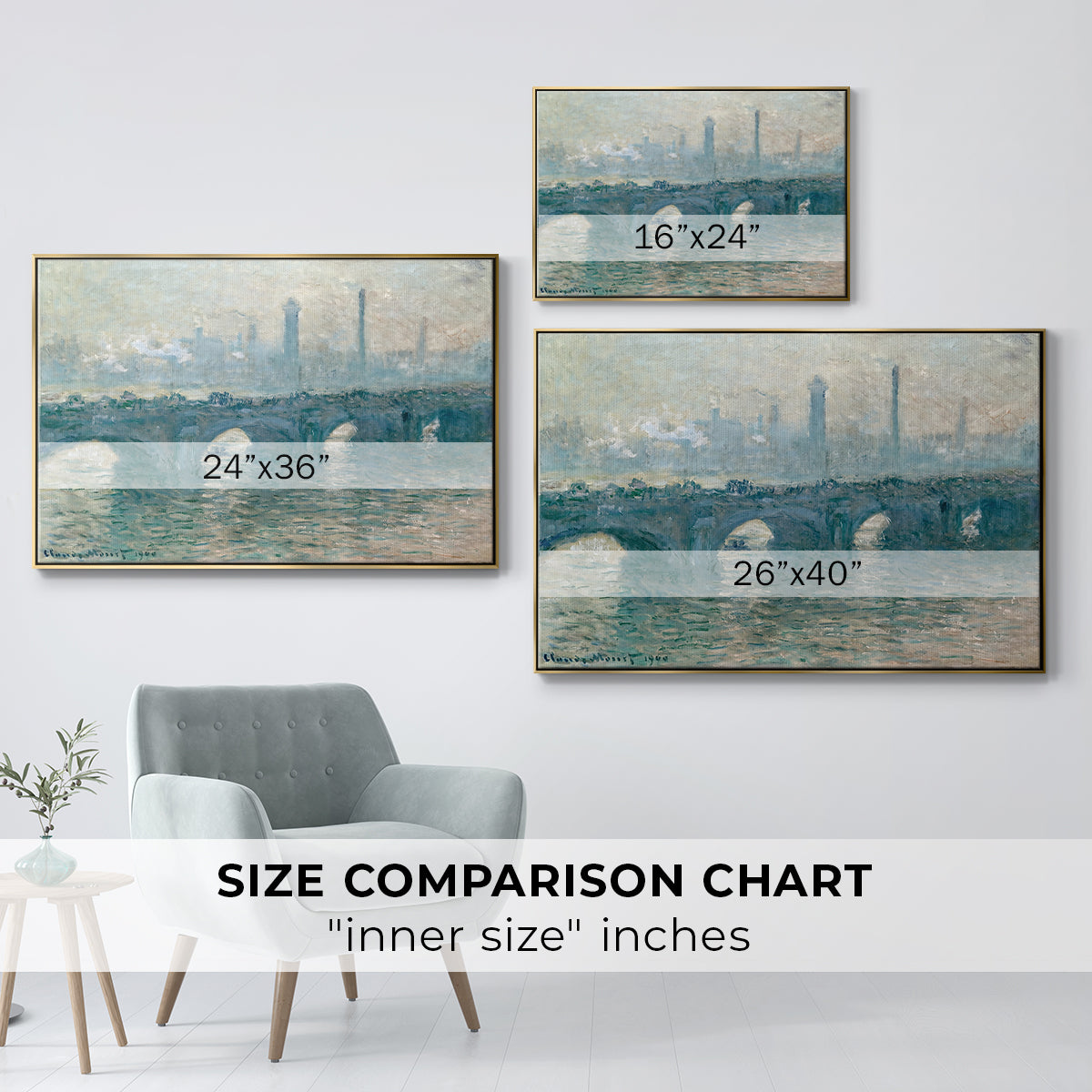 Size comparison chart for gold floater framed canvas featuring Waterloo Bridge, Gray Weather, 1900 by Claude Monet.