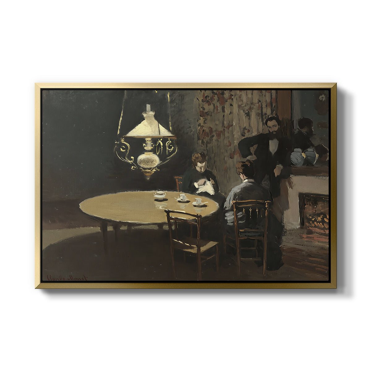 Interior, after Dinner, 1868-1869 by Claude Monet in a gold floater framed canvas wall art display.