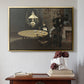 Gold floater framed canvas featuring Interior, after Dinner, 1868-1869 by Claude Monet above an entryway table in a minimalist foyer.